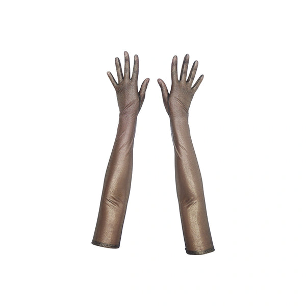 top view of opera length metallic mesh black gold gloves