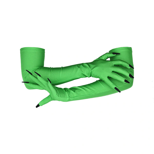 opera length green gloves sewn with black nails posed with arms crossed