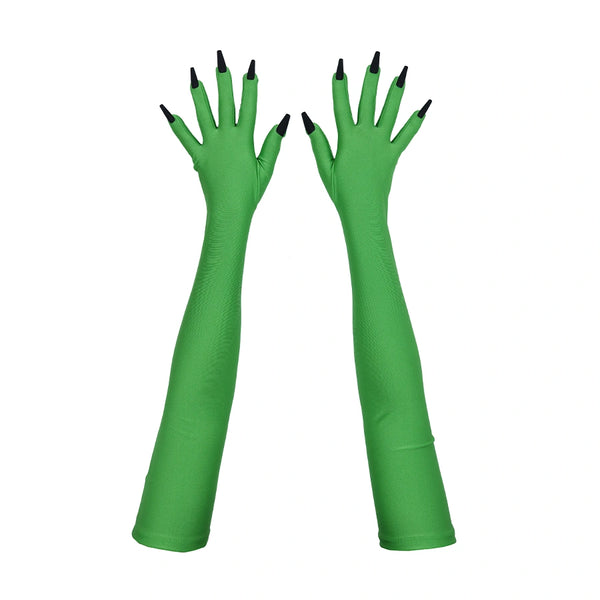 top view of opera length green gloves sewn with black nails