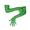 opera length green gloves sewn with black nails posing with the left arm crossed over the right
