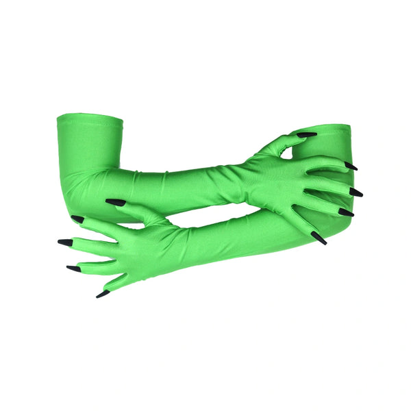 arms crossed wearing opera length green gloves sewn with black nails