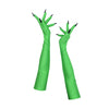 full view of opera length green gloves sewn with black nails