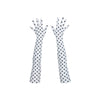 top view of long white gloves with small black polka dots