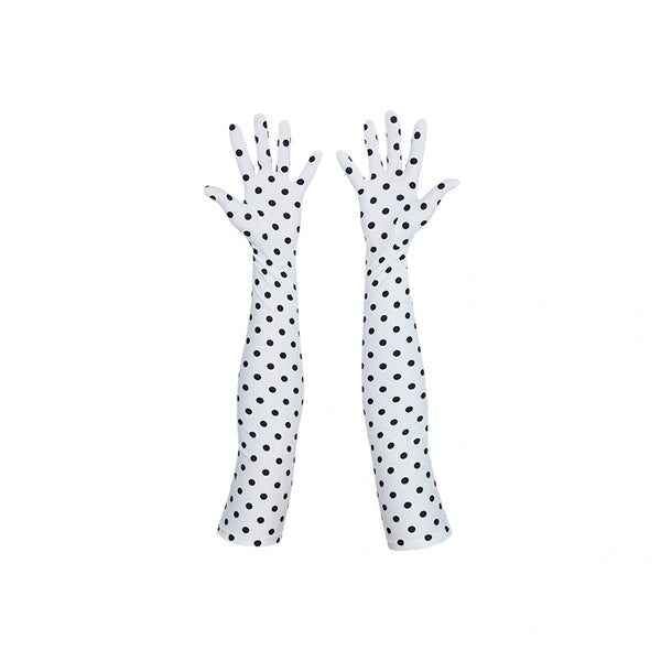 long white gloves with small black polka dots with palms facing up