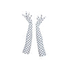 full view of long white gloves with small black polka dots
