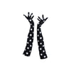 full view of long black gloves with large white polka dots