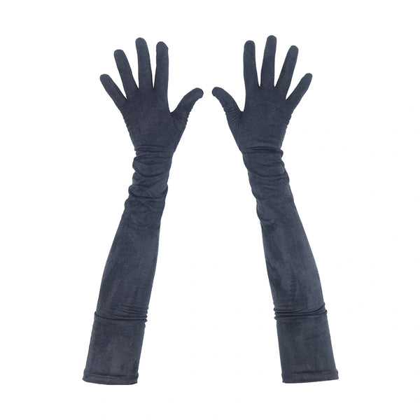 top view of opera length black suede gloves