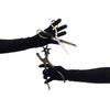 black suede gloves with left hand holding scissors and right hand holding pliers