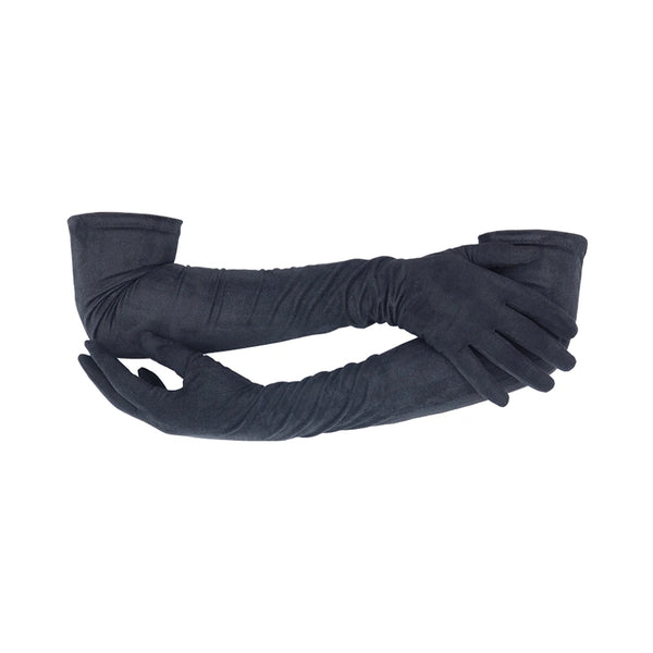 opera length black suede gloves holding right arm