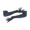opera length black suede gloves posed with arms scooped