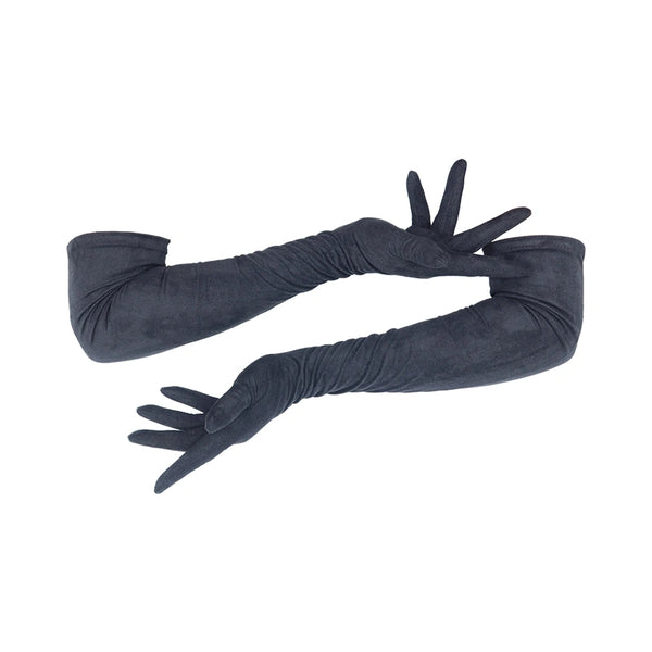 opera length black suede gloves posed with arms scooped