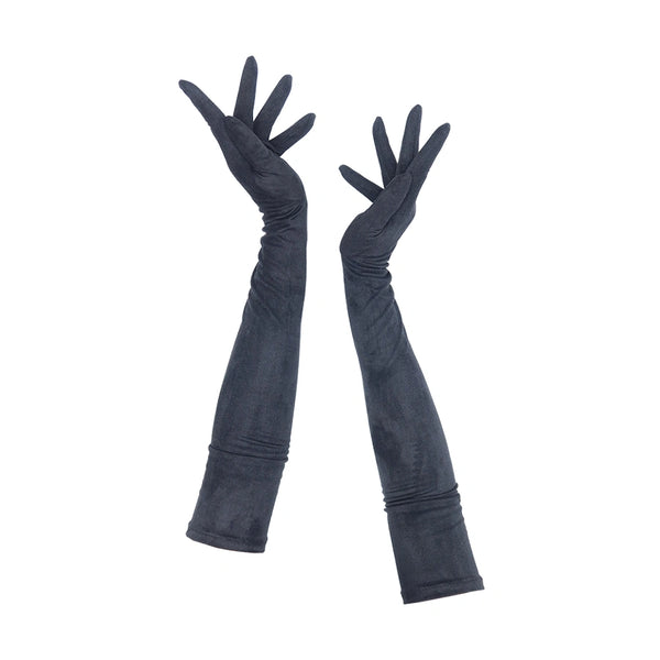 full view of opera length black suede gloves