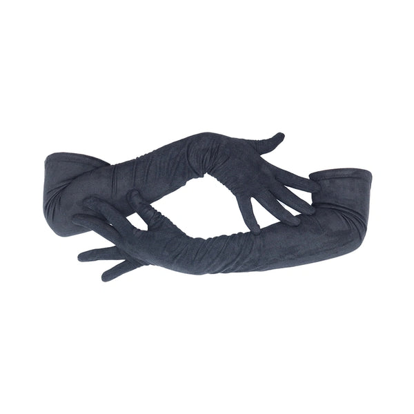 opera length black suede gloves with arms crossed