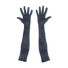 opera length black suede gloves with palms facing up