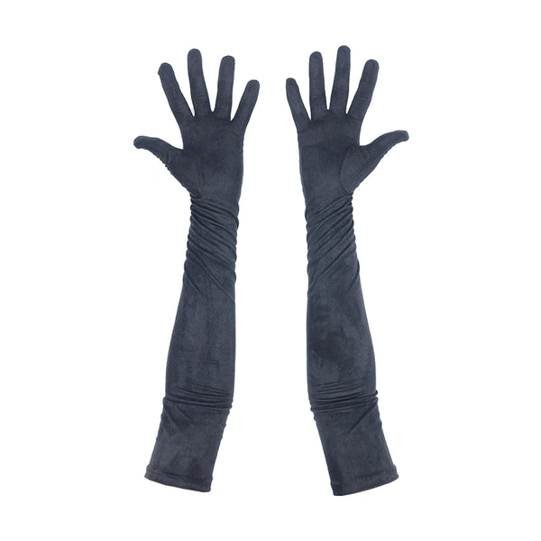 opera length black suede gloves with palms facing up