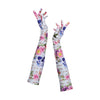 full view of long white gloves with floral skull pattern
