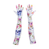 long white floral skull pattern gloves with palms facing up