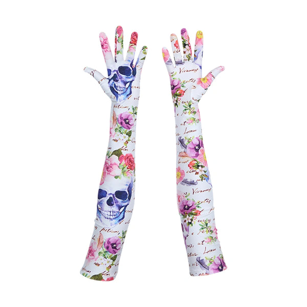 long white floral skull pattern gloves with palms facing up