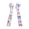 top view of long white gloves with floral skull pattern