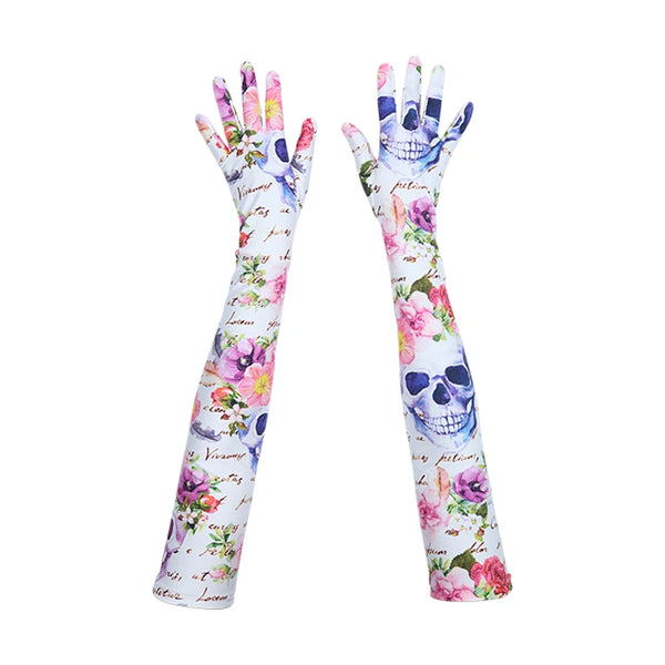 top view of long white gloves with floral skull pattern
