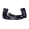 opera length black gloves with purple floral pattern with arms crossed