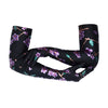 opera length black gloves with purple floral pattern holding left arm