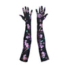 opera length black gloves with purple floral pattern and palms facing up