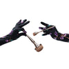 gloves made of metallic floral print spandex, holding makeup tools
