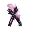 purple floral gloves laid on top of a feather