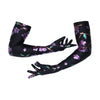 arms wearing black gloves with purple flowers