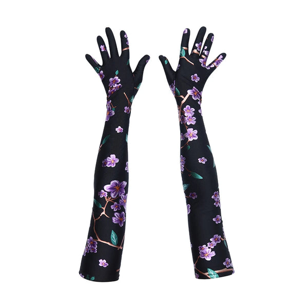 full length gloves made with 4-way stretch metallic floral print spandex.