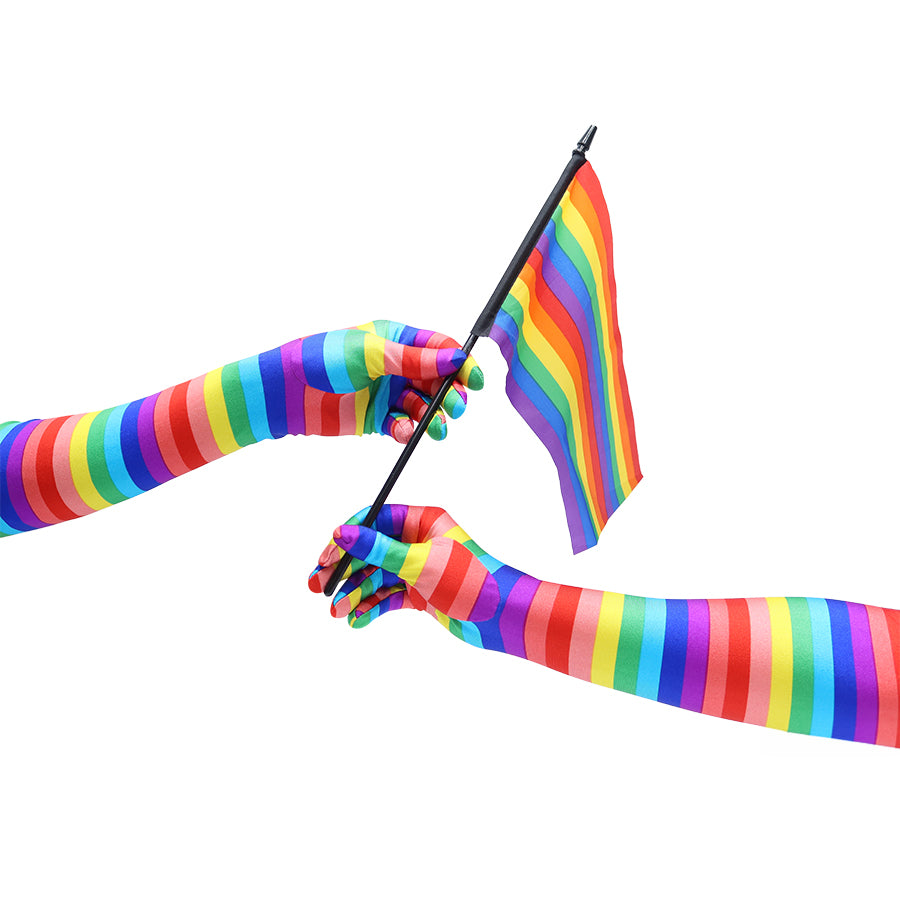 rainbow gloves holding a pride flag