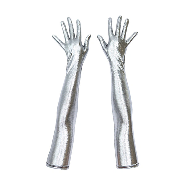 elbow length gloves made of silver metallic spandex