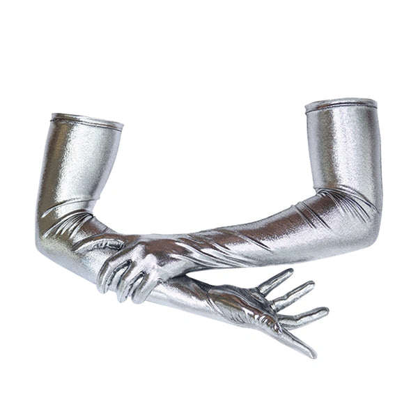 Opera length metallic silver spandex gloves holding left forearm