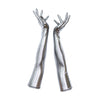 full view of opera length metallic silver spandex gloves
