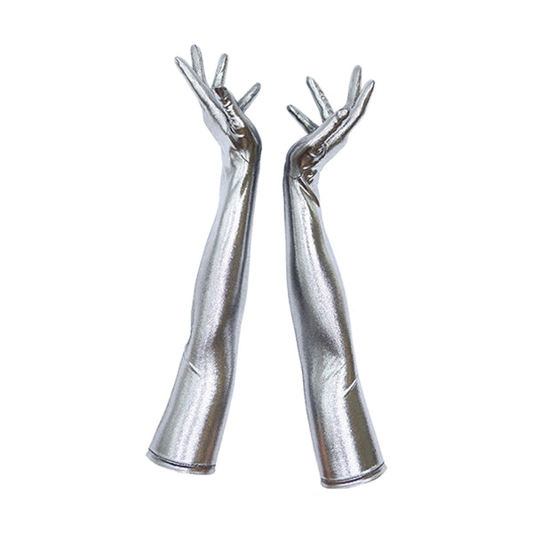 full view of opera length metallic silver spandex gloves
