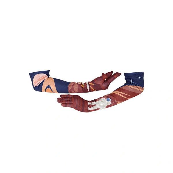 model wearing opera length outer space gloves