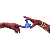 close up of hands wearing illustrated outer space pattern gloves holding a blue bell