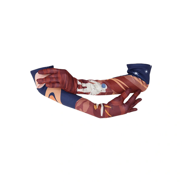 opera length illustrated outer space pattern gloves holding left arm