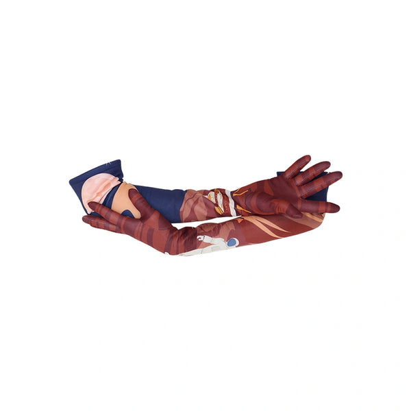 arms crossed wearing opera length gloves with illustrated outer space pattern