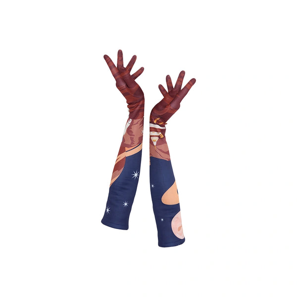 full view of opera length gloves with an illustrated outer space pattern