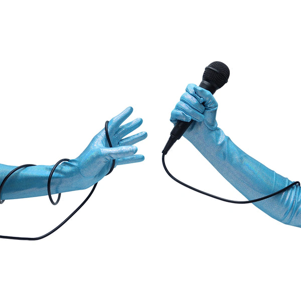 model wearing spandex gloves holding a microphone