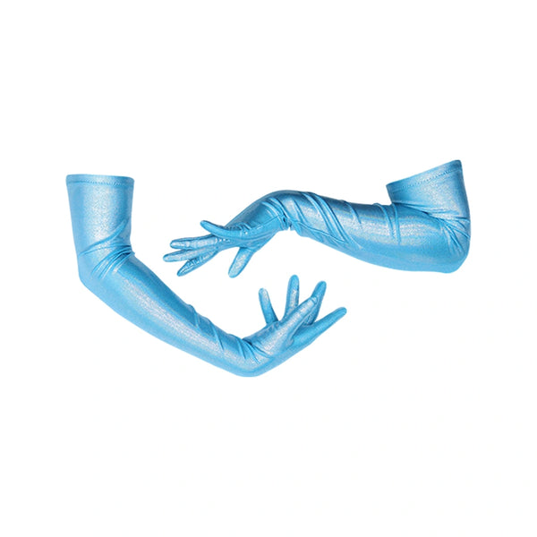 image of model wearing turquoise gloves made of holo mini-dot spandex