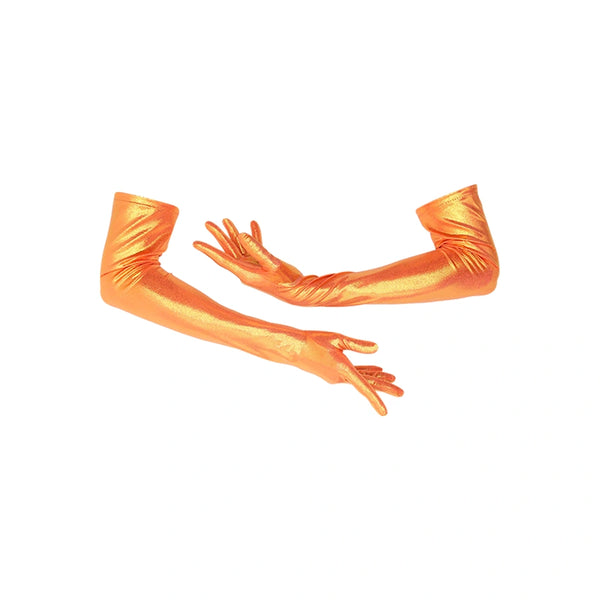 close up photo of hand model wearing orange spandex gloves