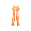 model wearing orange gloves made of holo mini-dot spandex