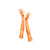 Close-up photo of model wearing orange opera-length gloves