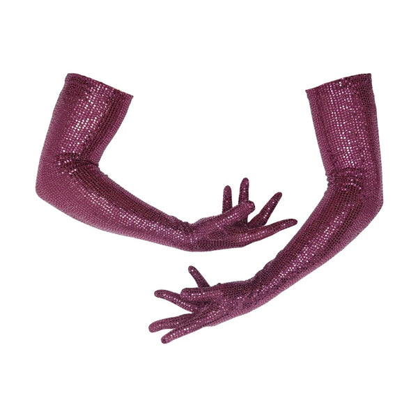 model wearing purple4-way stretch knitgloves with sequins