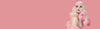 pink color banner with a model wearing pink clothes in the foreground