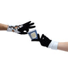 model holding a coffee cup while wearing penn station gloves