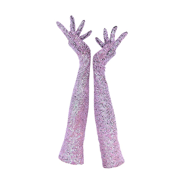 Model’s hands wearing Wing + Weft Vera gloves, made from 4-way stretch sequin fabric